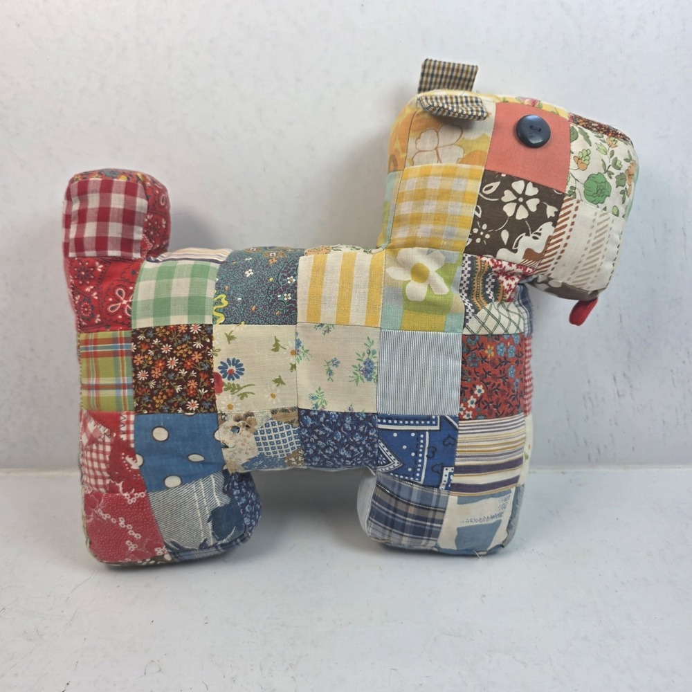 Vtg Patchwork Stuffed Dog Plush Handmade Folk Art Scottie Terrier Multi Color